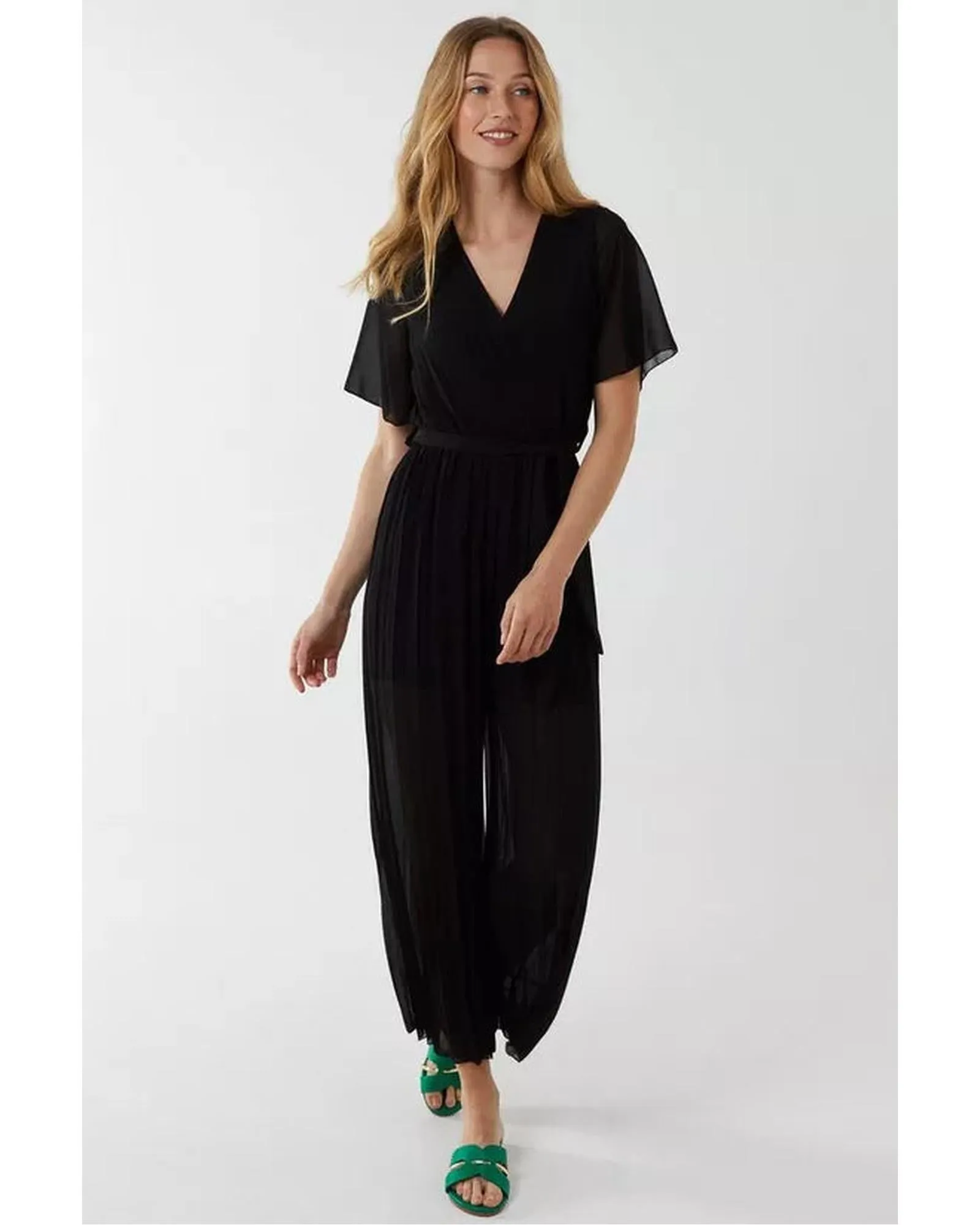 Pleated Culotte Style Wrap-Front Jumpsuit with Short Sleeves