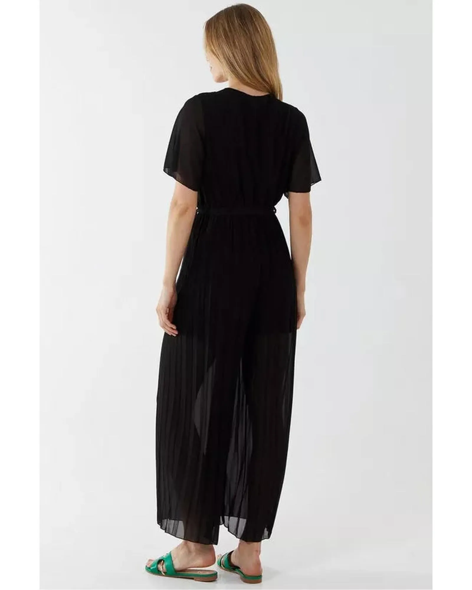 Pleated Culotte Style Wrap-Front Jumpsuit with Short Sleeves