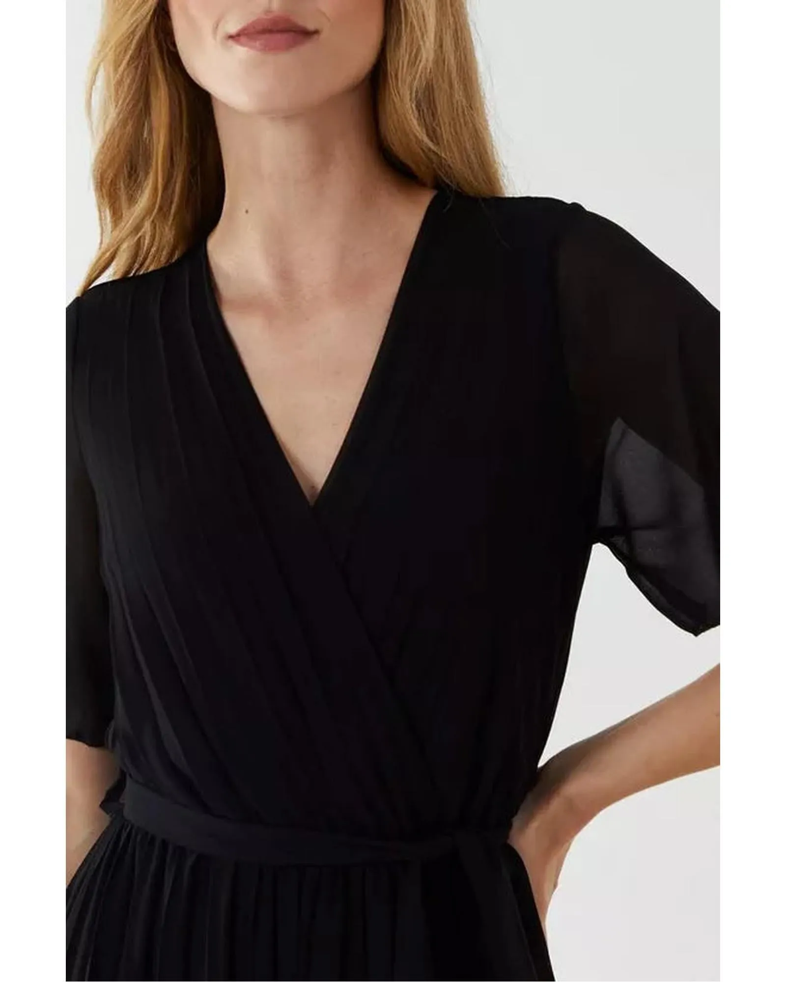 Pleated Culotte Style Wrap-Front Jumpsuit with Short Sleeves