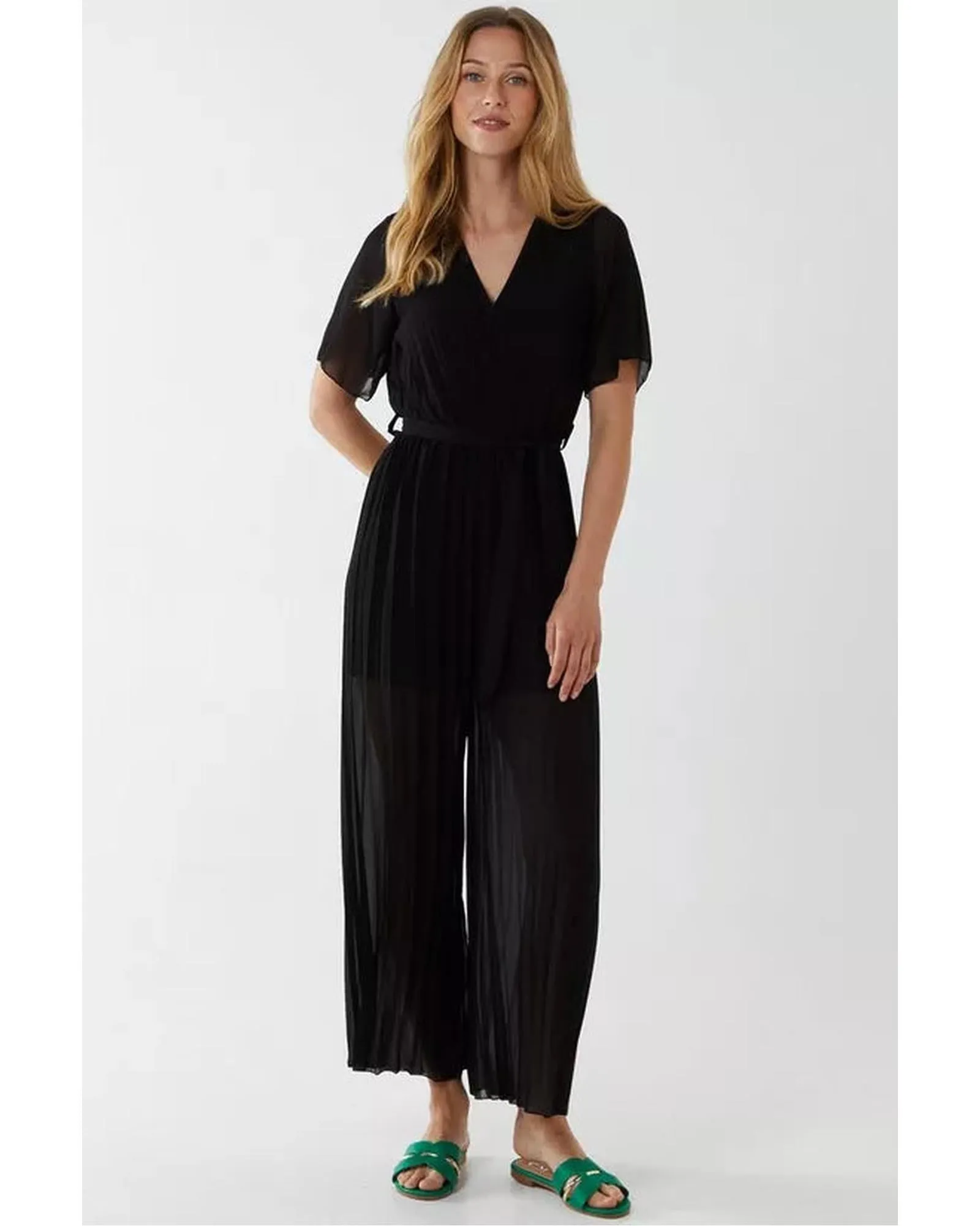 Pleated Culotte Style Wrap-Front Jumpsuit with Short Sleeves