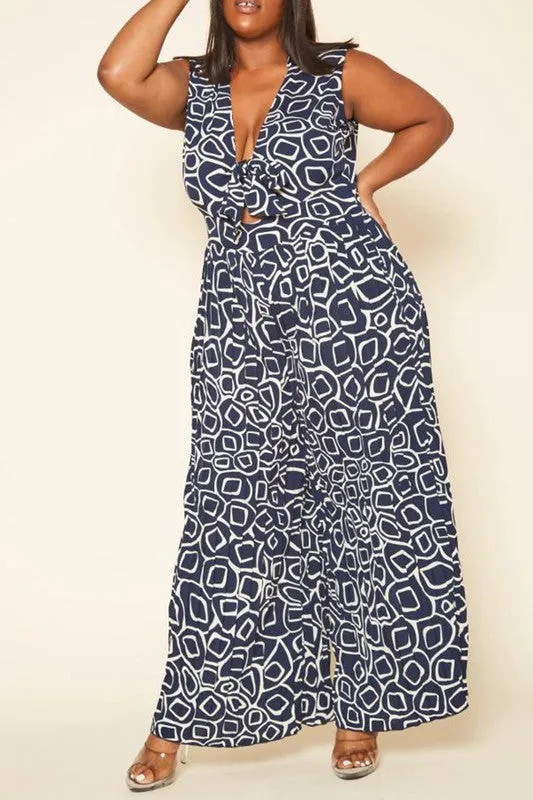 Plus Size Abstract Print Wide Flare Jumpsuit