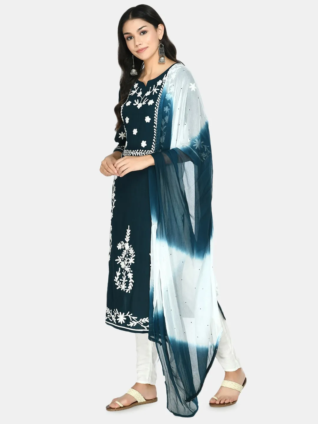 Plus Size Floral Teal Kurta Set with Dupatta