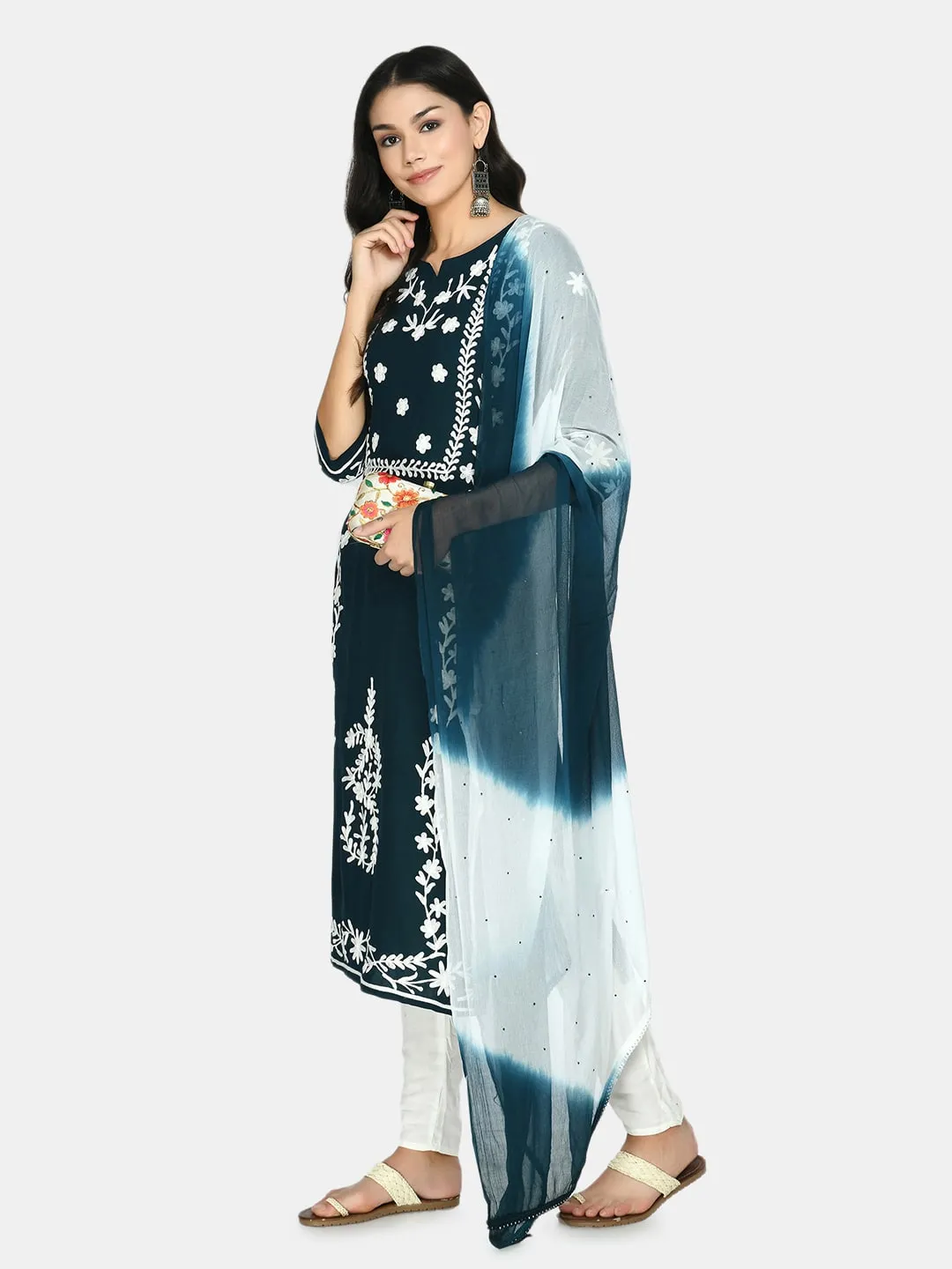 Plus Size Floral Teal Kurta Set with Dupatta