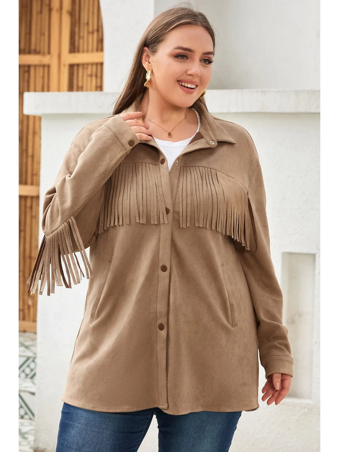 Plus Size Fringe Trim Snap Down Long Sleeve Shacket