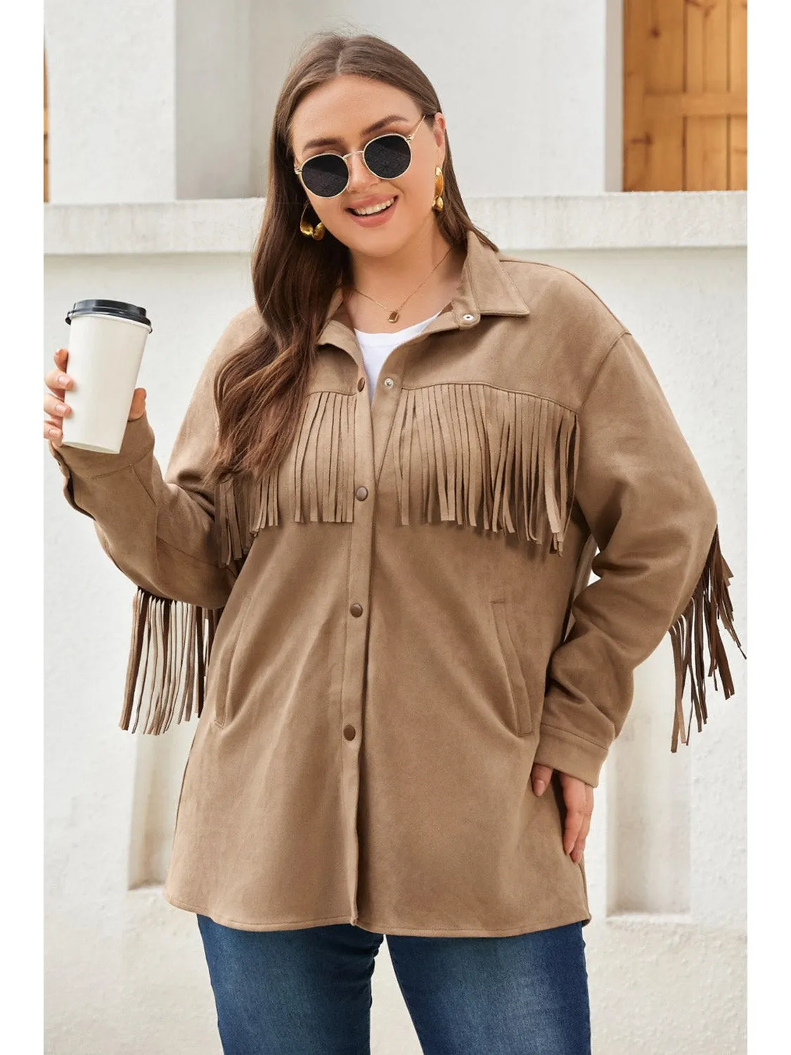 Plus Size Fringe Trim Snap Down Long Sleeve Shacket