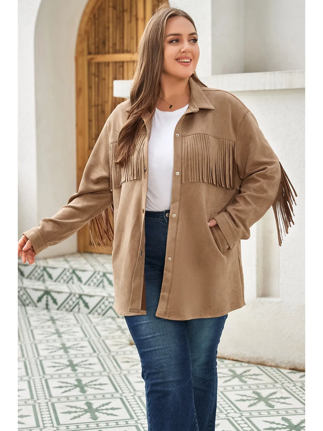 Plus Size Fringe Trim Snap Down Long Sleeve Shacket