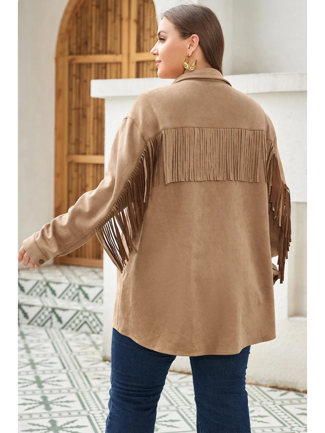 Plus Size Fringe Trim Snap Down Long Sleeve Shacket