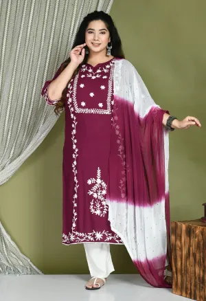 Plus Size Poetic Dark Purple Embroidered Kurta Pant Set with Dupatta