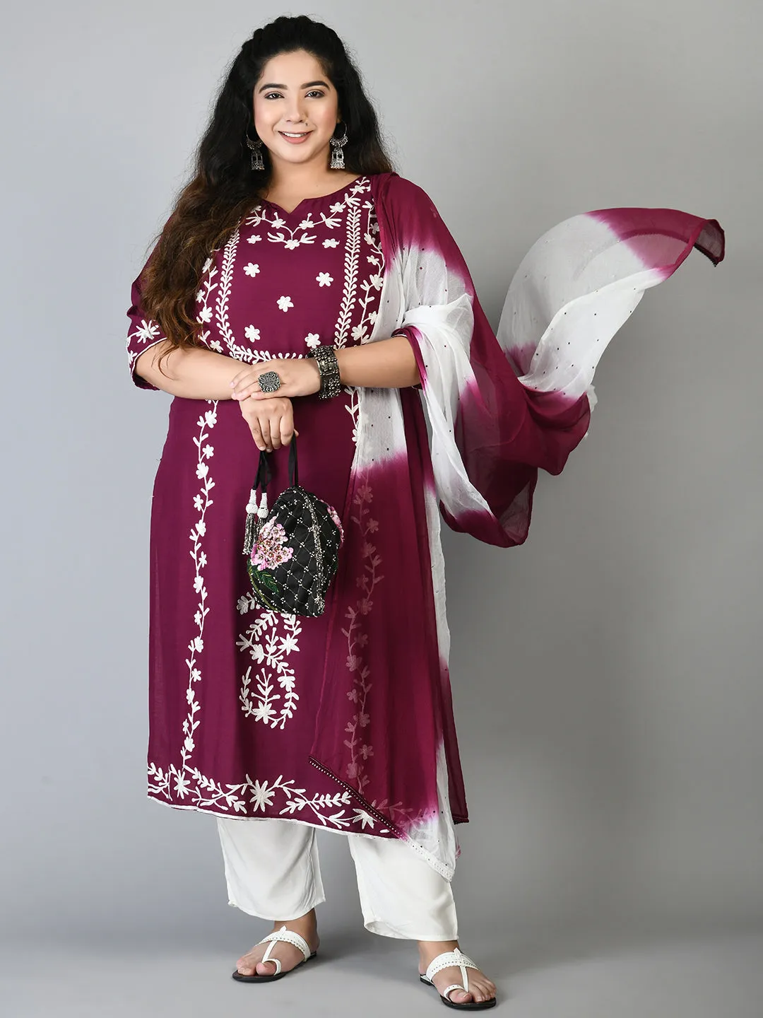 Plus Size Poetic Dark Purple Embroidered Kurta Pant Set with Dupatta