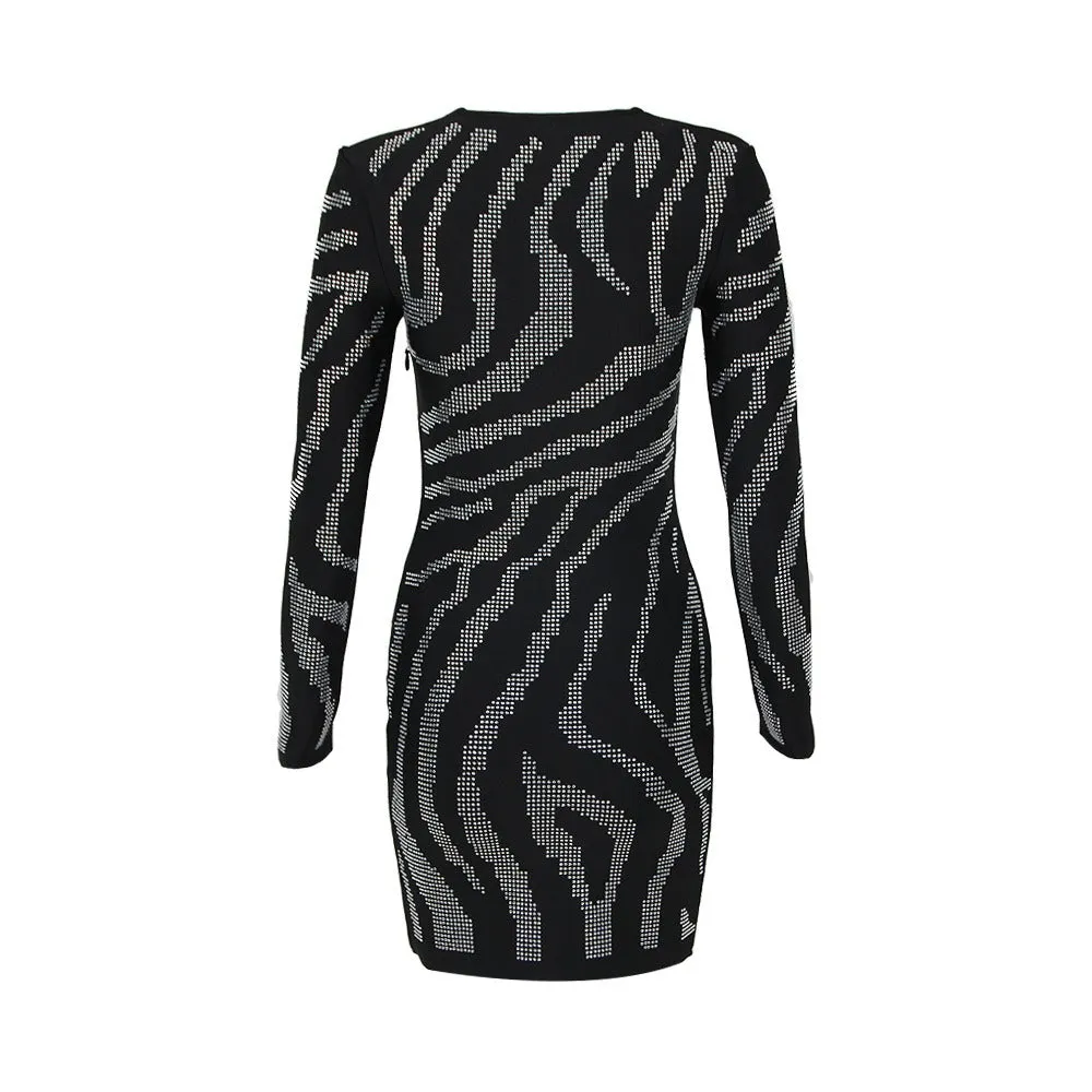 Pre Order:  Beaded Rhinestone Long Sleeve Bandage Black Dress