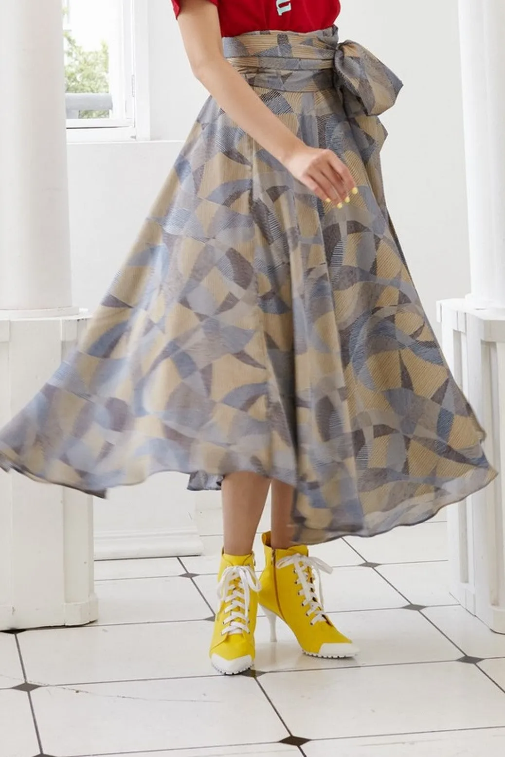 Pre-Order GREY AND GOLD GEOMETRIC PRINTED CHIFFON SILK - WRAP SKIRT - MULTI