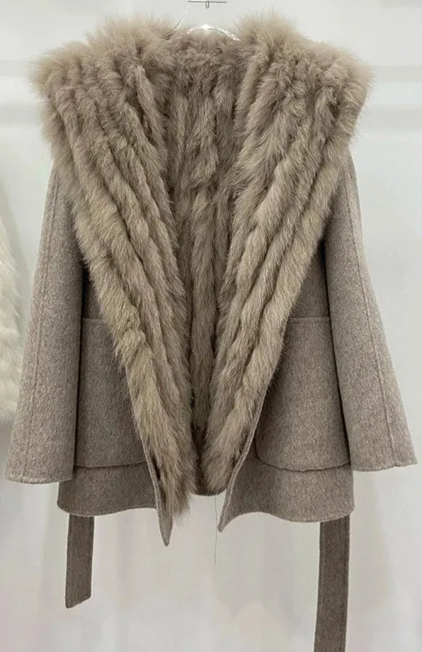 Pre Order:  Hooded Fur Wool Belted Coat