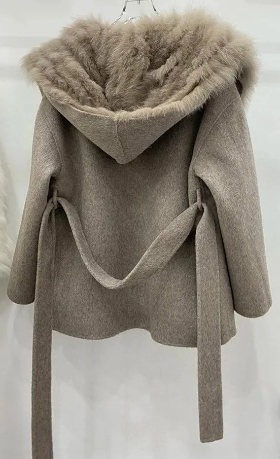 Pre Order:  Hooded Fur Wool Belted Coat