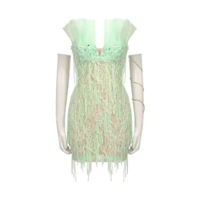 Pre Order:  Light Green Beaded Fringe Strapless Dress