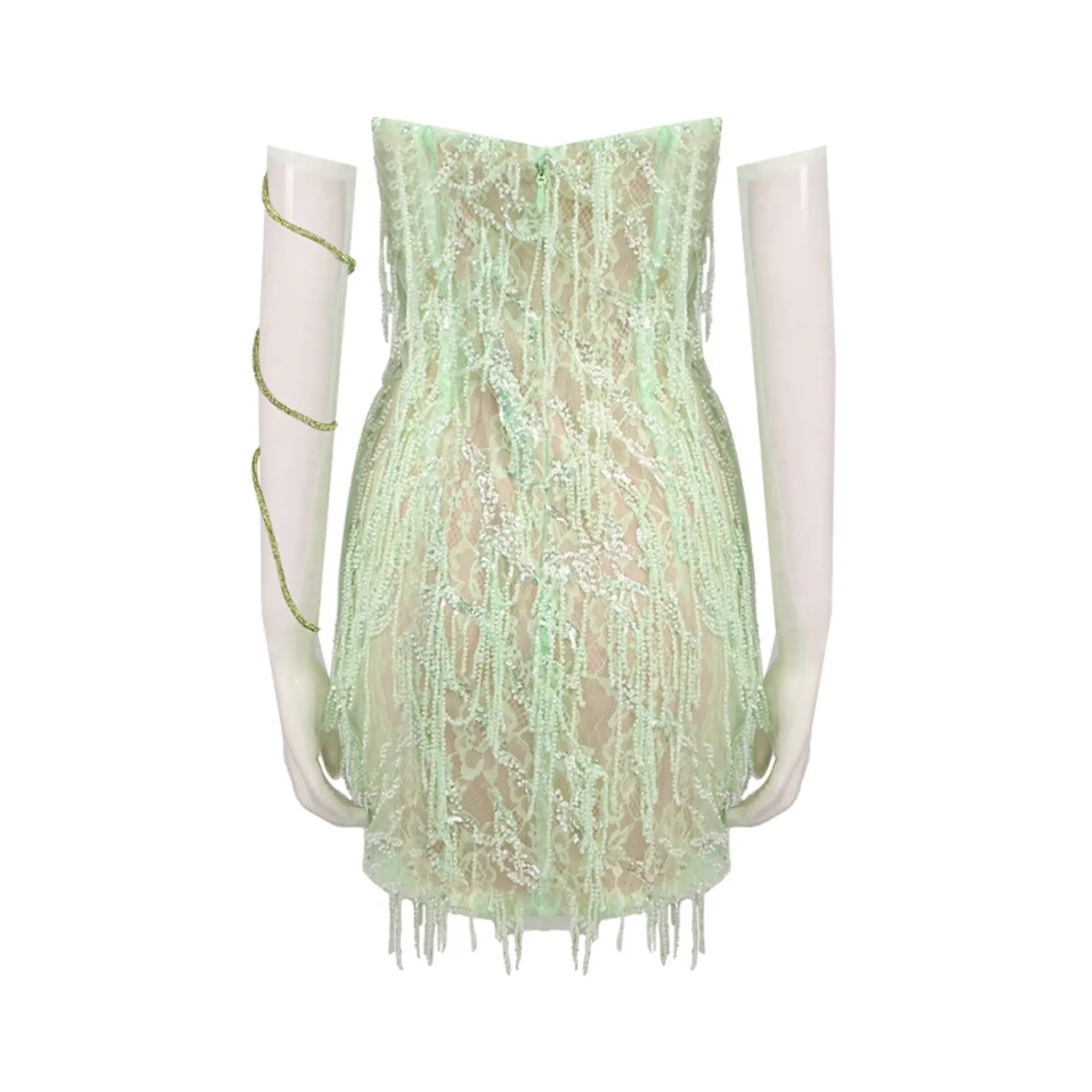 Pre Order:  Light Green Beaded Fringe Strapless Dress