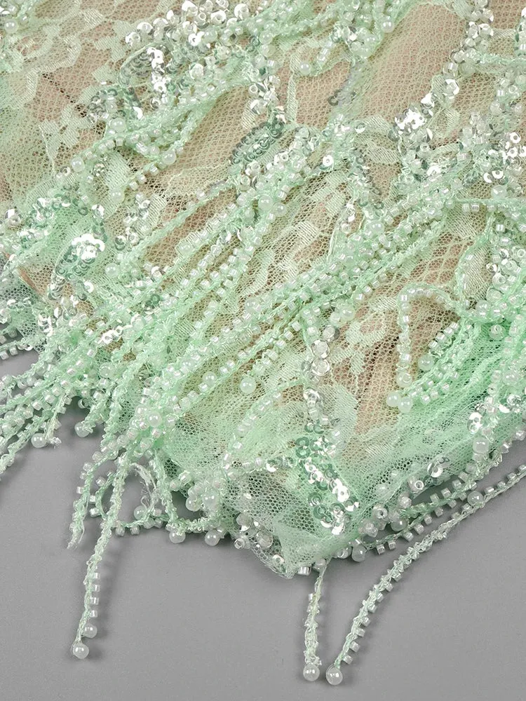 Pre Order:  Light Green Beaded Fringe Strapless Dress