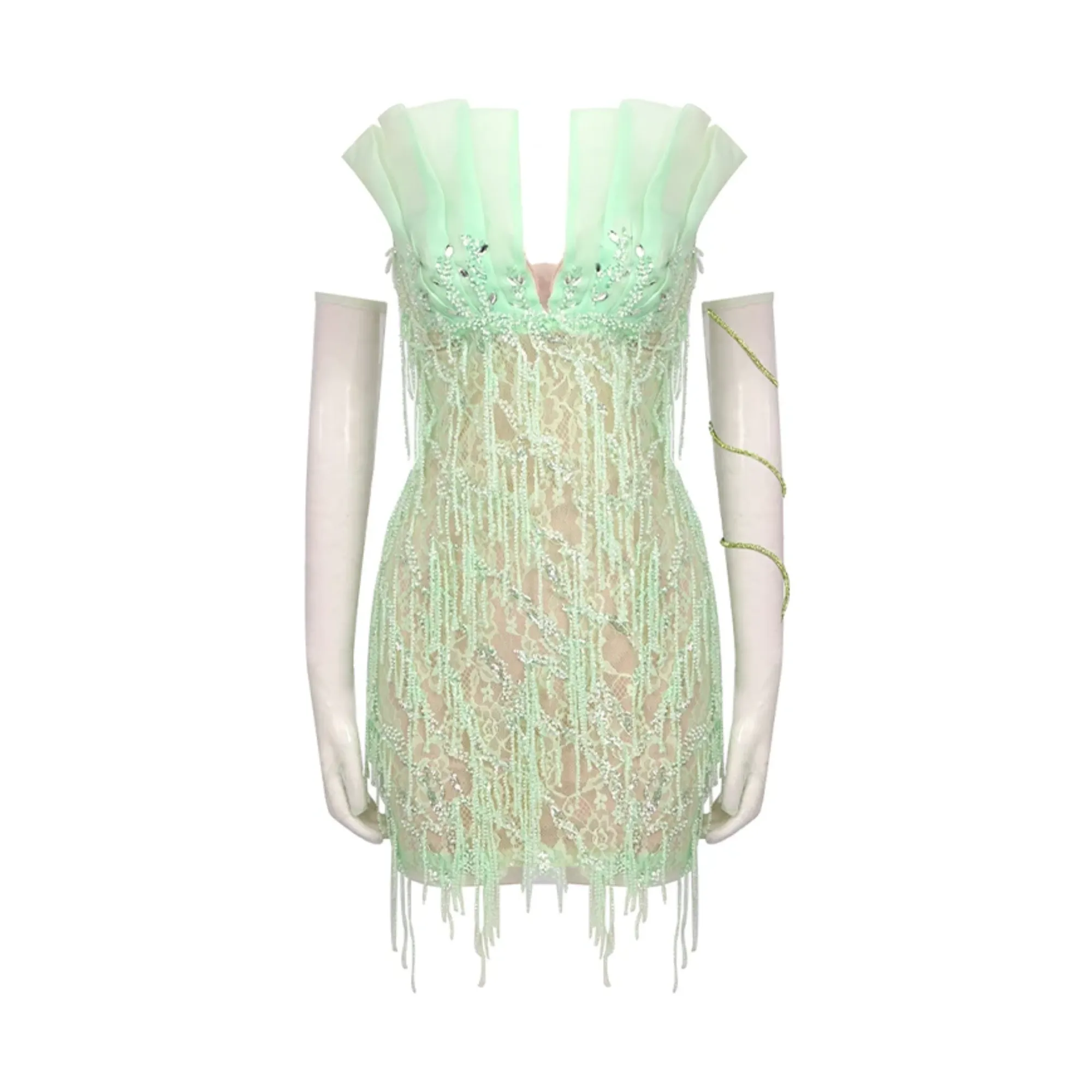 Pre Order:  Light Green Beaded Fringe Strapless Dress