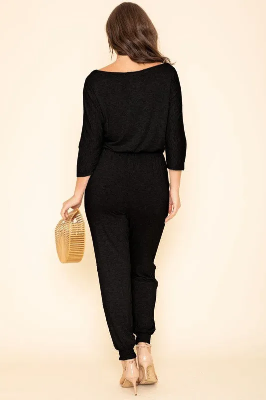 Quarter Sleeve Boat Neck Blouson Jumpsuit