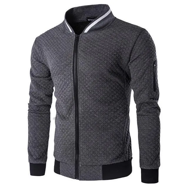 Quilt Pattern Men Stand Neck Collar Casual Slim Fit Bomber Jacket