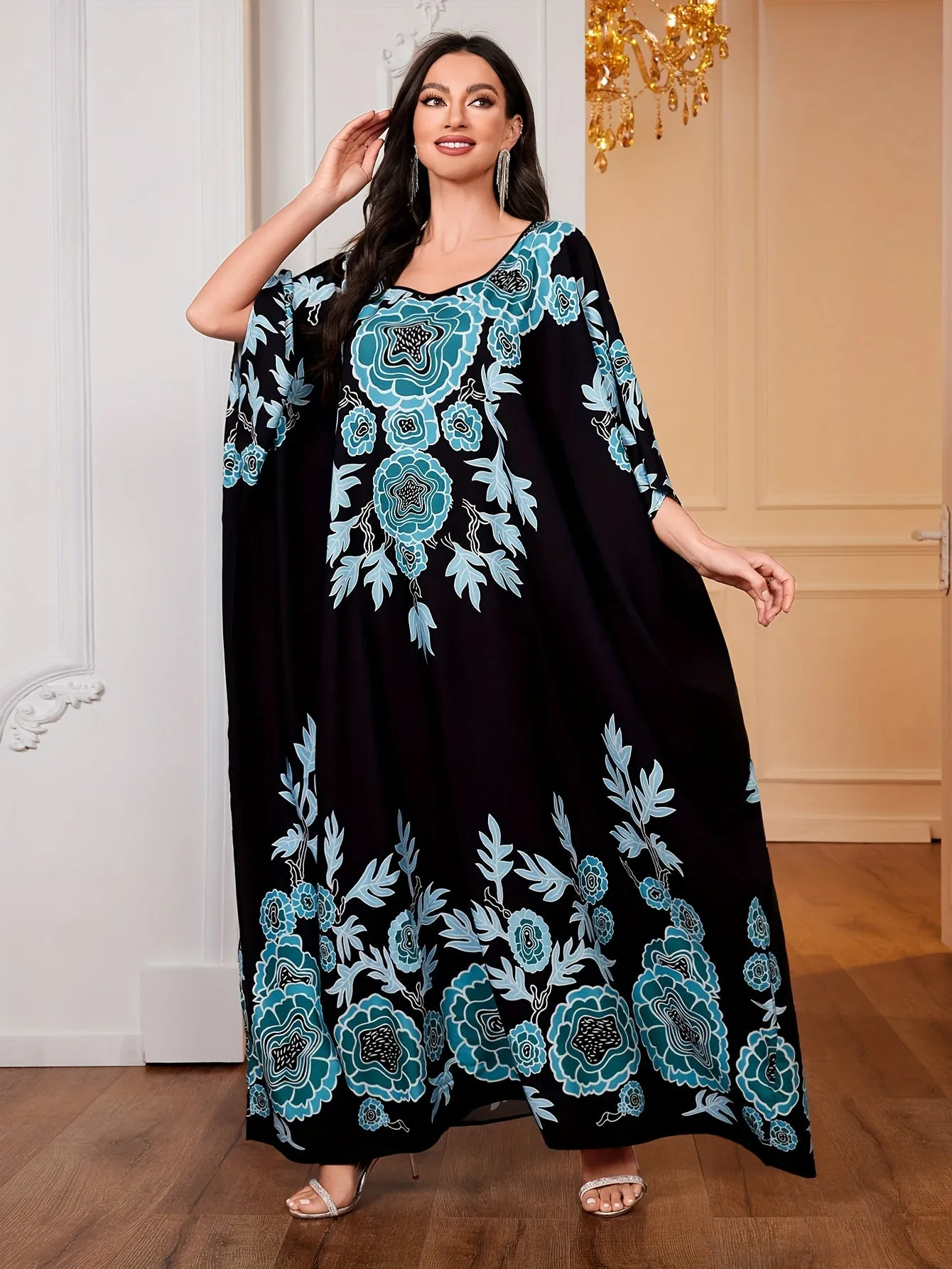 Ramadan Elegant Batwing Sleeve Ruffle Maxi Length Kaftan Dress - Stunning Graphic Print, Crew Neck, Flowy Design, Comfortable Wear, Women's Modest Clothing for Special Occasions