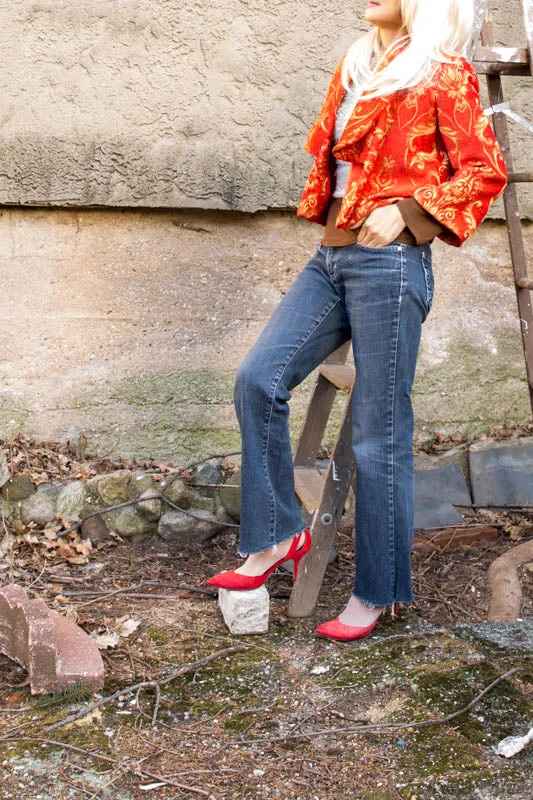 Red Scroll Print Cropped Jacket