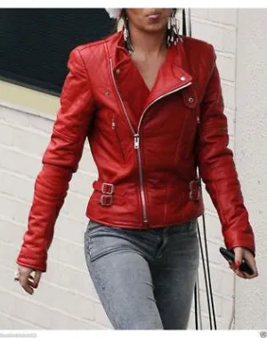 Red Women's Moto Lambskin Real Leather Jacket Motorcycle Slim fit Biker Jacket