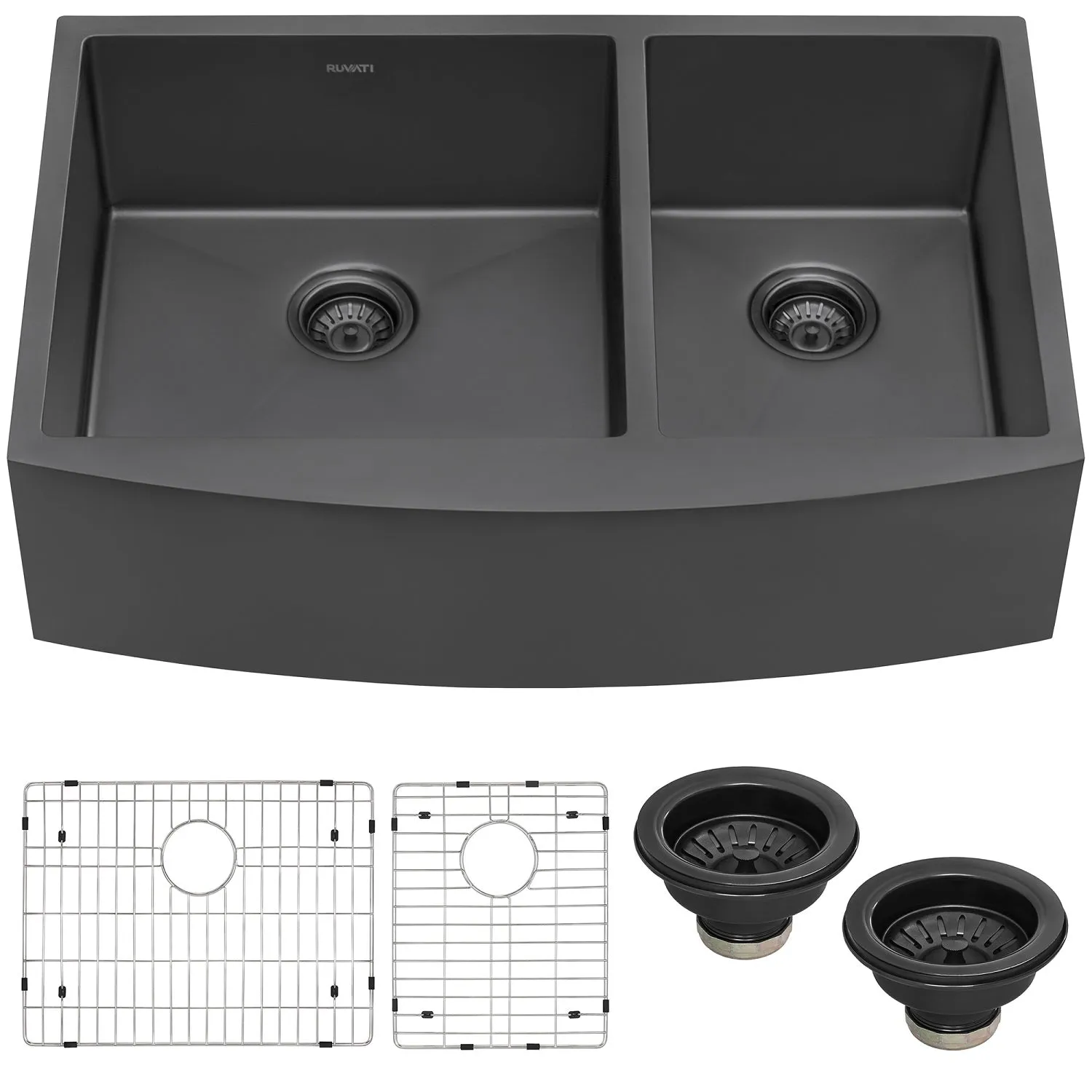 Ruvati 33-inch Gunmetal Black Stainless Steel 60/40 Double Bowl Apron-Front Farmhouse Kitchen Sink – RVH9742BL