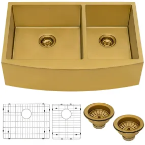 Ruvati 33-inch Satin Brass Matte Gold Stainless Steel 60/40 Double Bowl Apron-Front Farmhouse Kitchen Sink – RVH9742GG