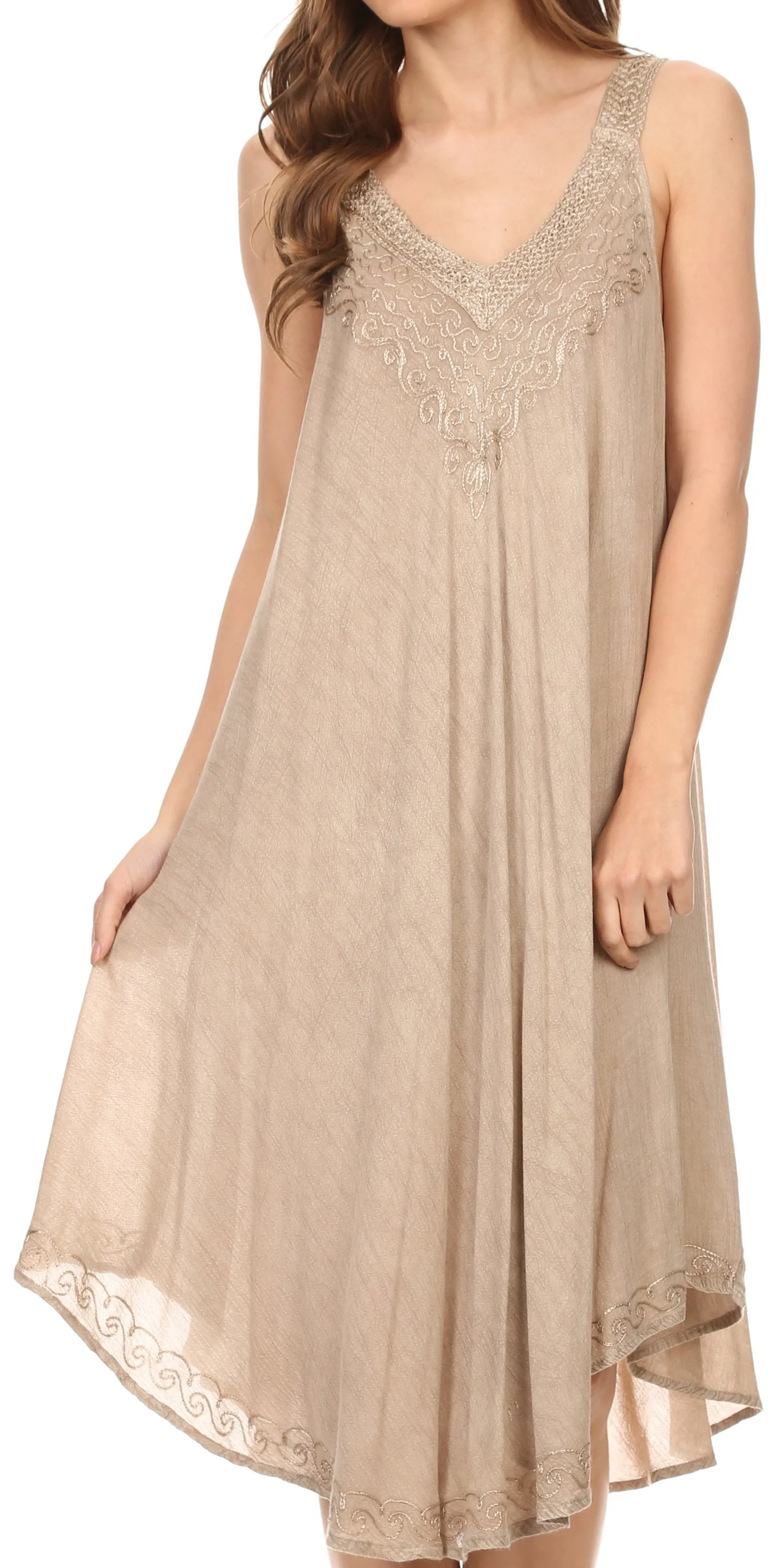 Sakkas Calais Mid Length Sleeveless Tank Top Detailed Embroidery Caftan Dress