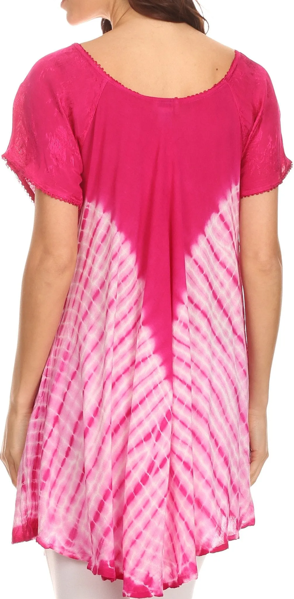 Sakkas D7037 - Cara Wide Embroidered Top Blouse Shirt With Crochet Neck Draped Cap Sleeves - Fuscia - OS