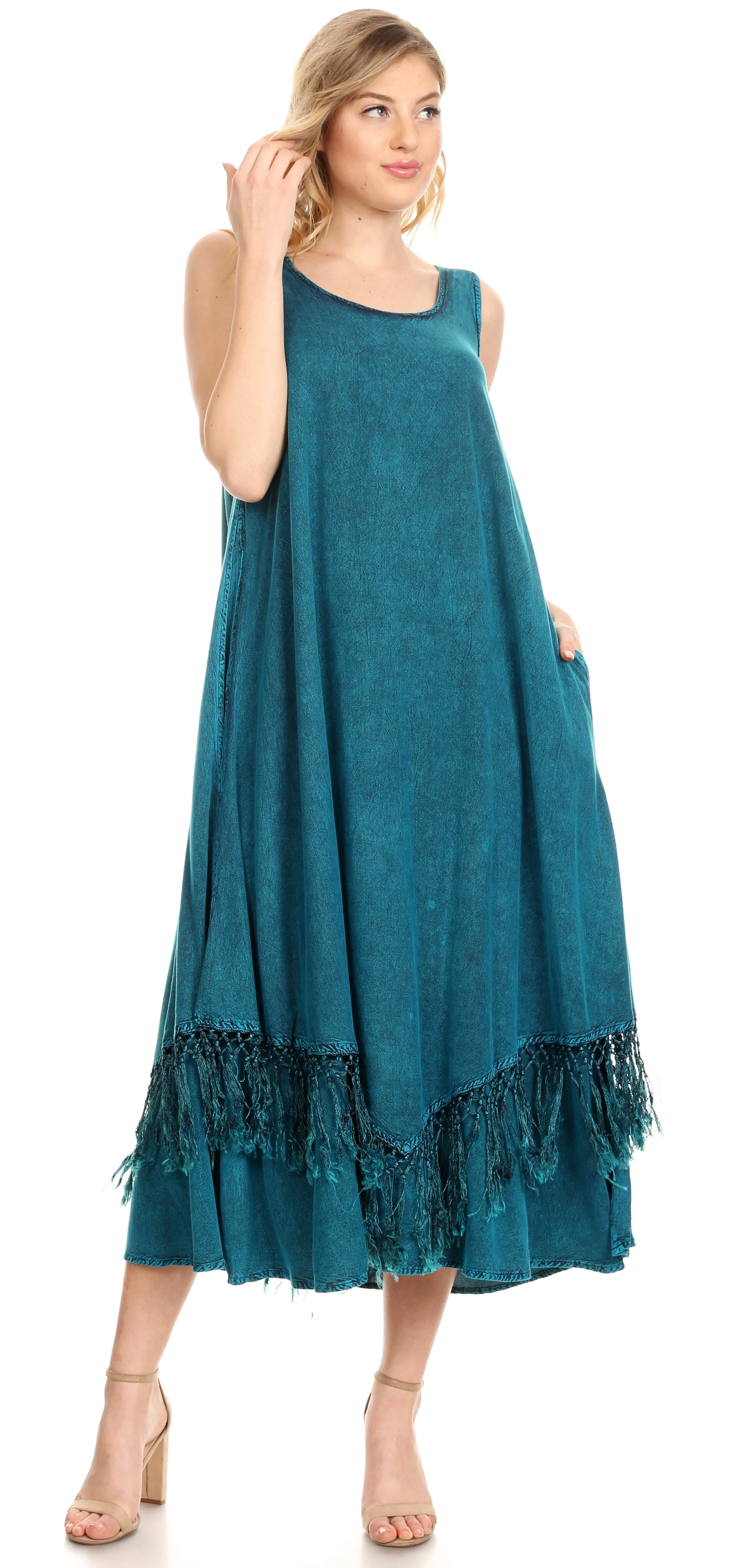 Sakkas Emma Relaxed Fit Scoop Neck Double Layered with Fringe Tank Dress