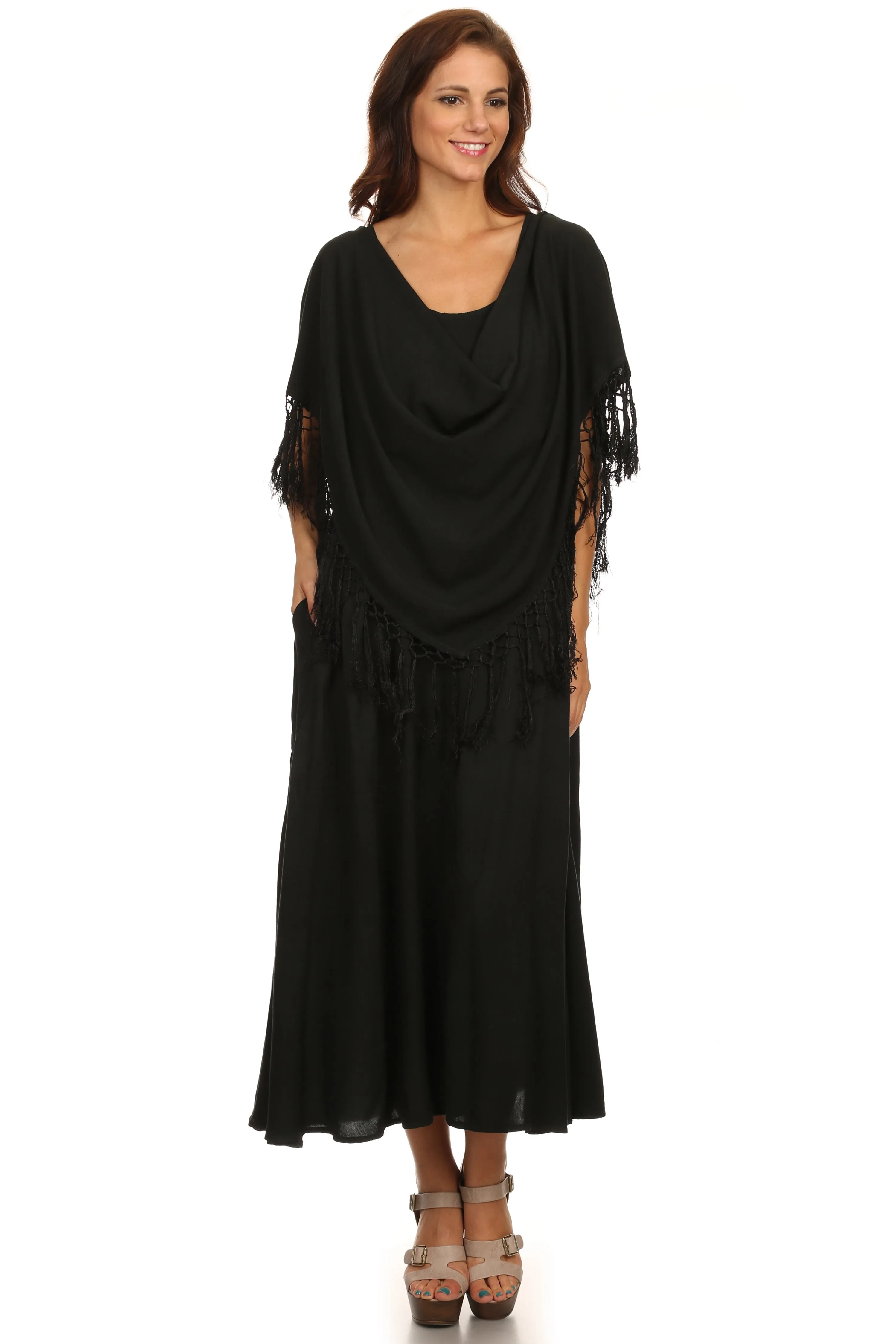 Sakkas Emma Relaxed Fit Scoop Neck Double Layered with Fringe Tank Dress