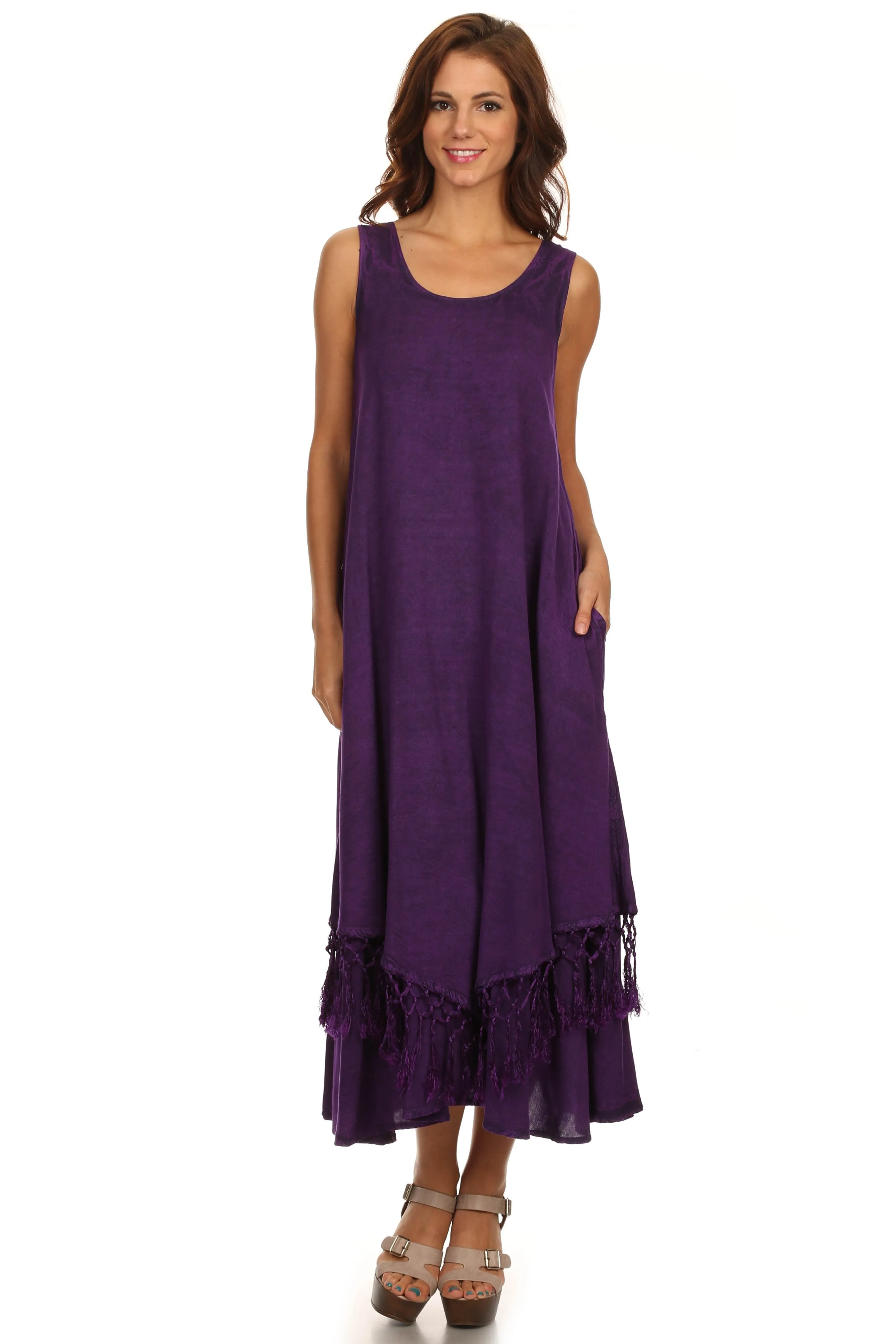 Sakkas Emma Relaxed Fit Scoop Neck Double Layered with Fringe Tank Dress