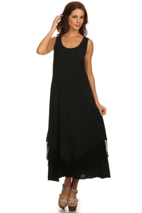 Sakkas Emma Relaxed Fit Scoop Neck Double Layered with Fringe Tank Dress