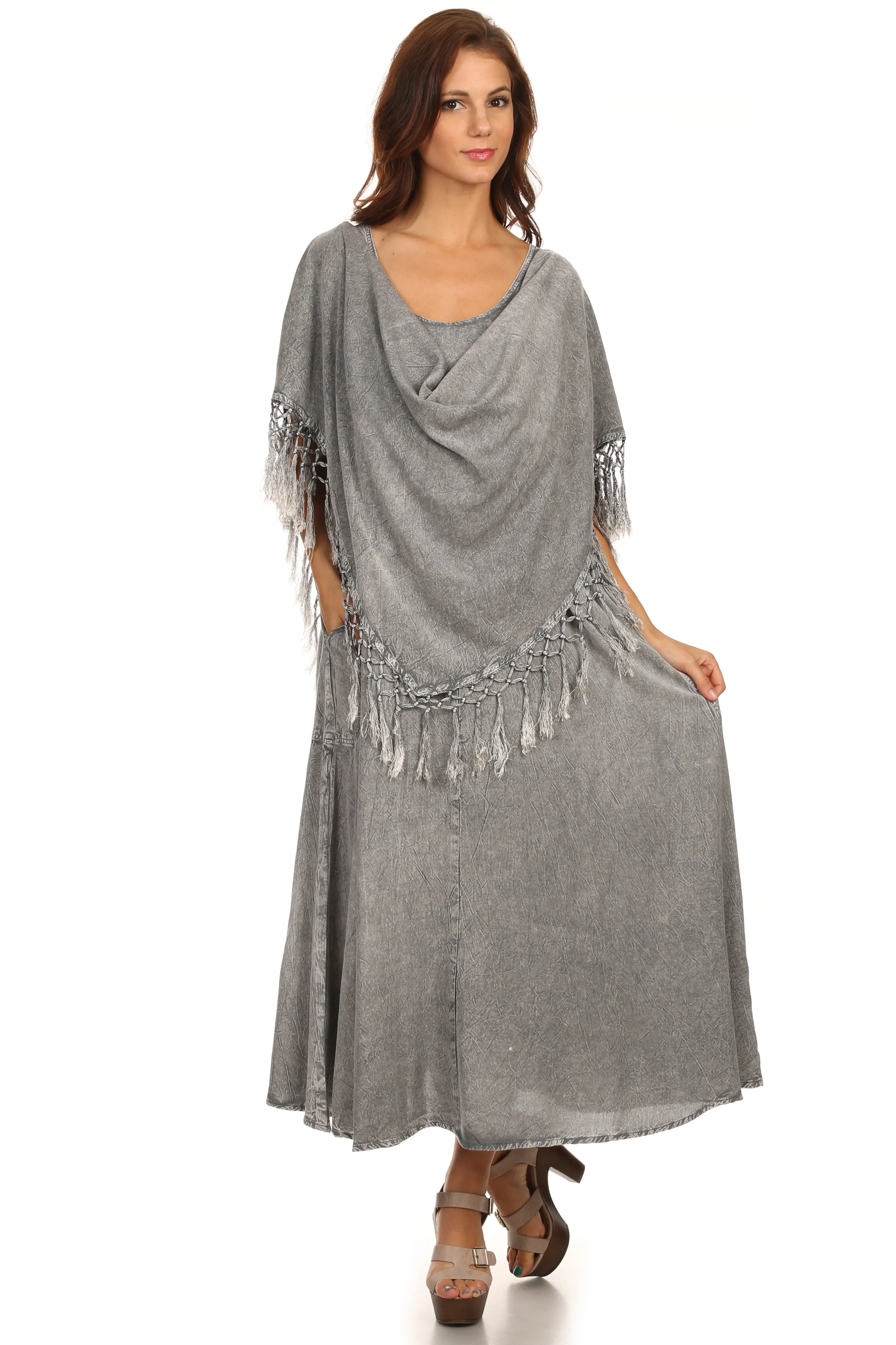 Sakkas Emma Relaxed Fit Scoop Neck Double Layered with Fringe Tank Dress