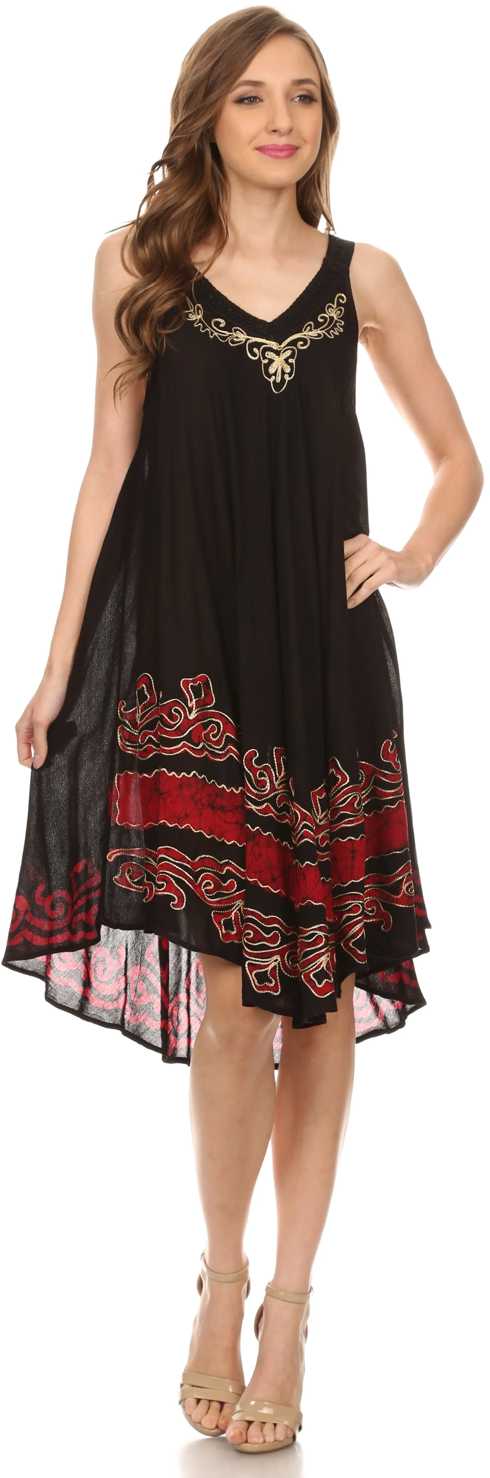 Sakkas Gasha Sleeveless Mid Length Caftan Dress With Embroidery Details And V Neck