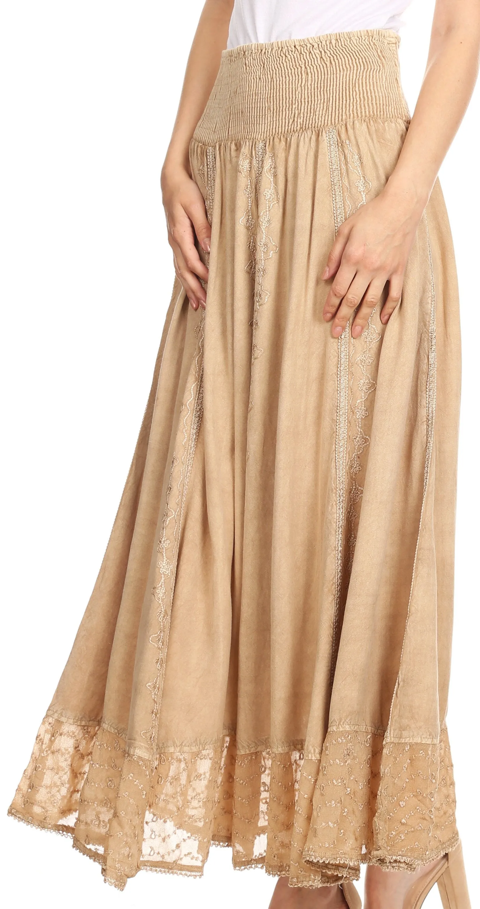 Sakkas Ines Womens Gypsy Maxi Bohemian Long Skirt With Elastic Smock Waist & Lace