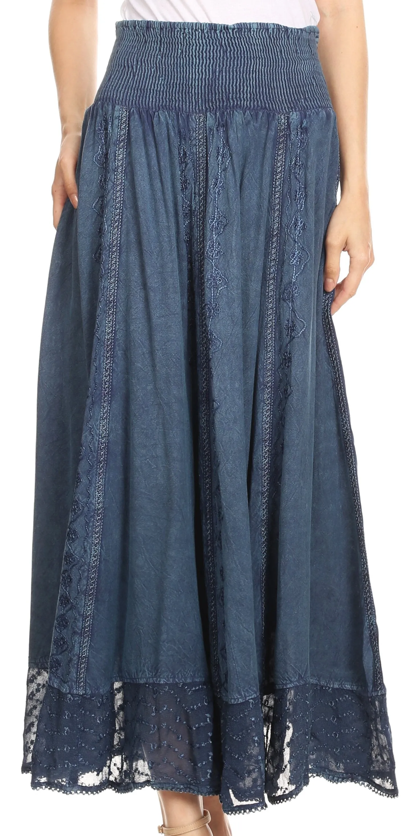 Sakkas Ines Womens Gypsy Maxi Bohemian Long Skirt With Elastic Smock Waist & Lace