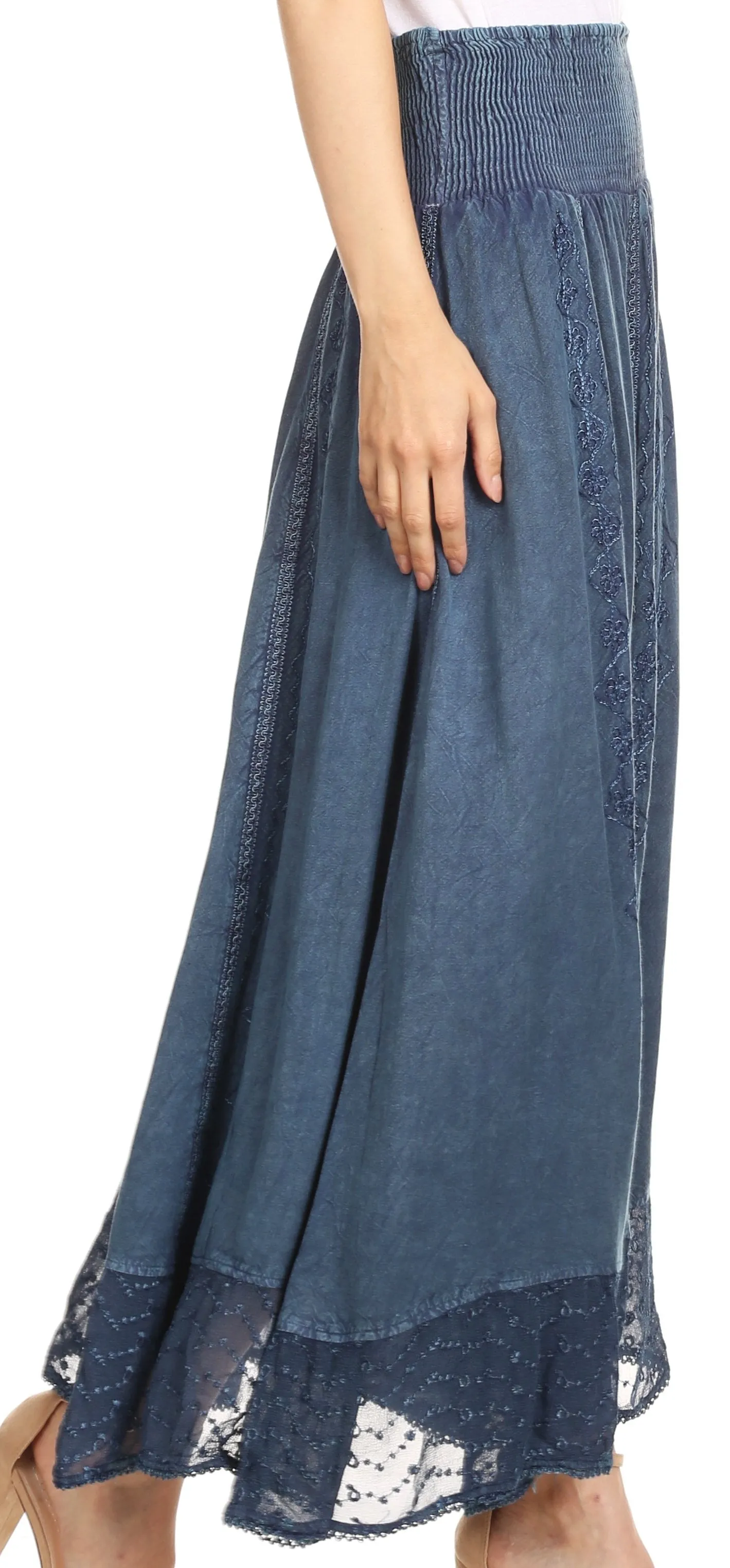 Sakkas Ines Womens Gypsy Maxi Bohemian Long Skirt With Elastic Smock Waist & Lace