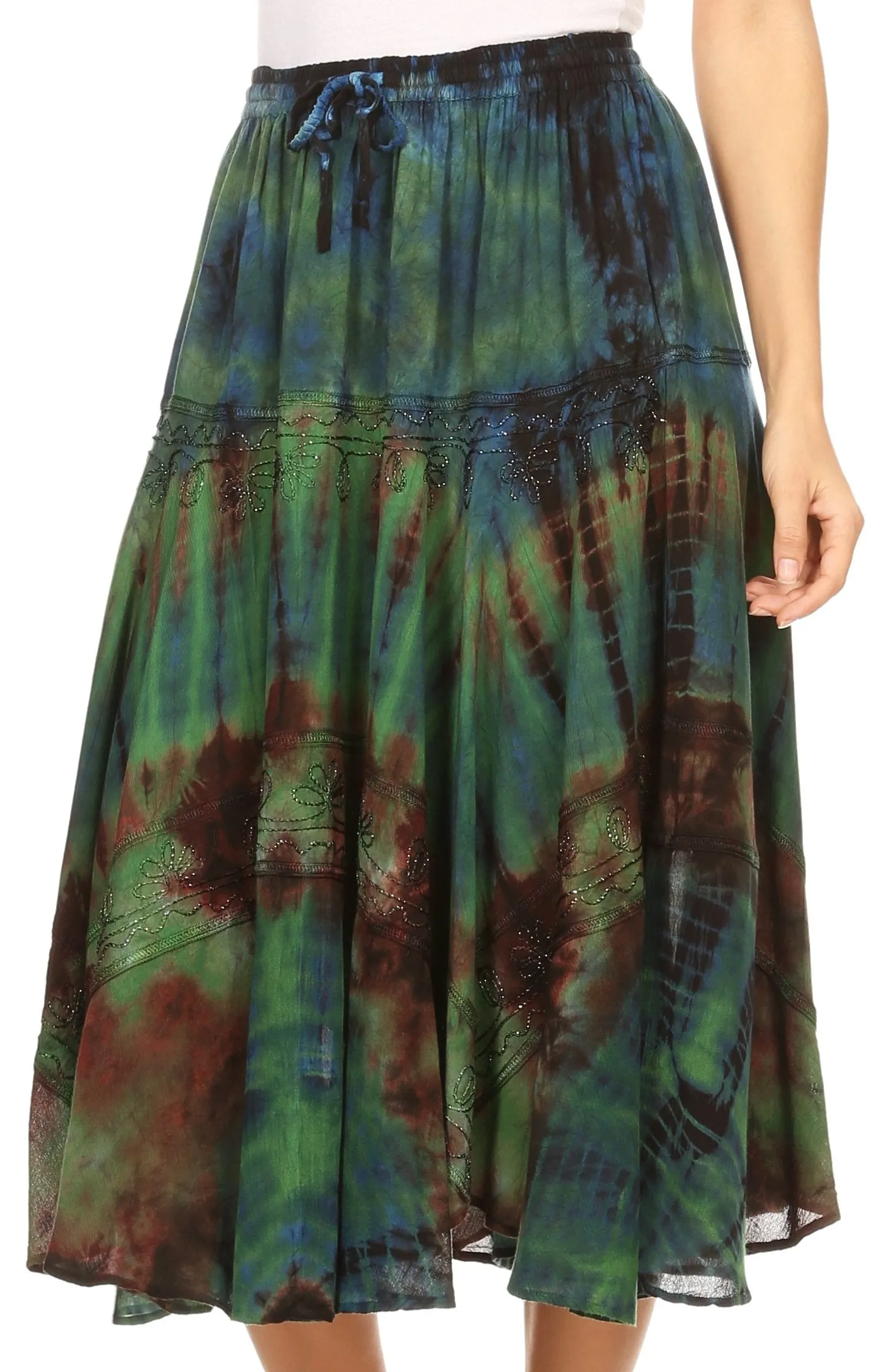 Sakkas Justina Womens Dance Midi Full Circle Tie-dye Skirt with Elastic Waist