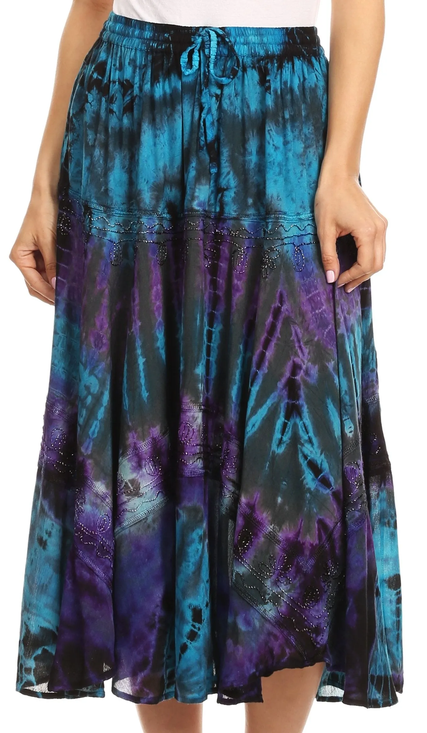 Sakkas Justina Womens Dance Midi Full Circle Tie-dye Skirt with Elastic Waist