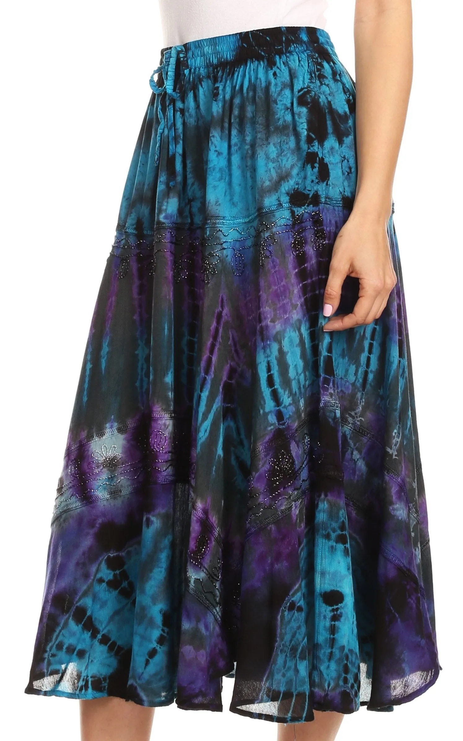 Sakkas Justina Womens Dance Midi Full Circle Tie-dye Skirt with Elastic Waist