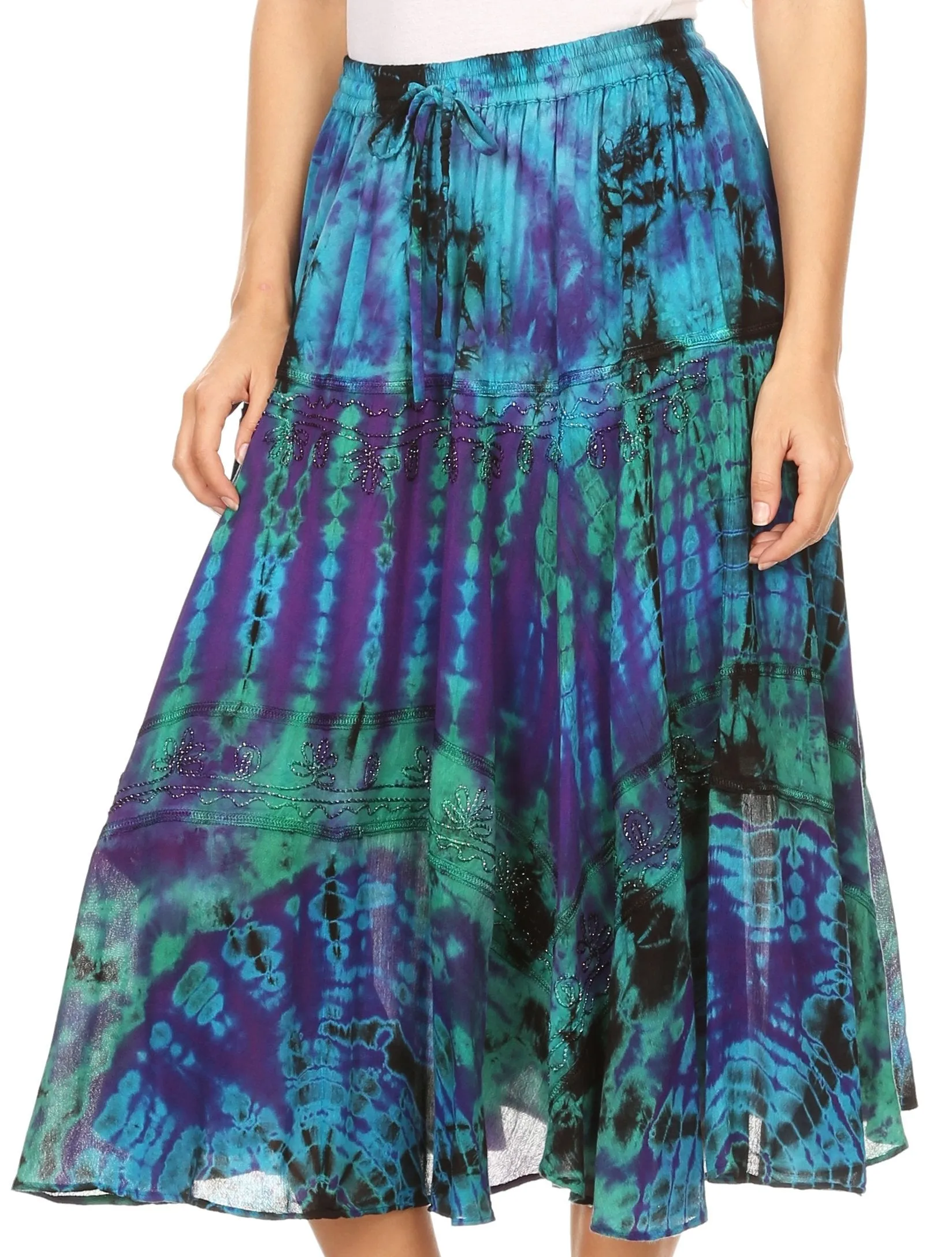 Sakkas Justina Womens Dance Midi Full Circle Tie-dye Skirt with Elastic Waist