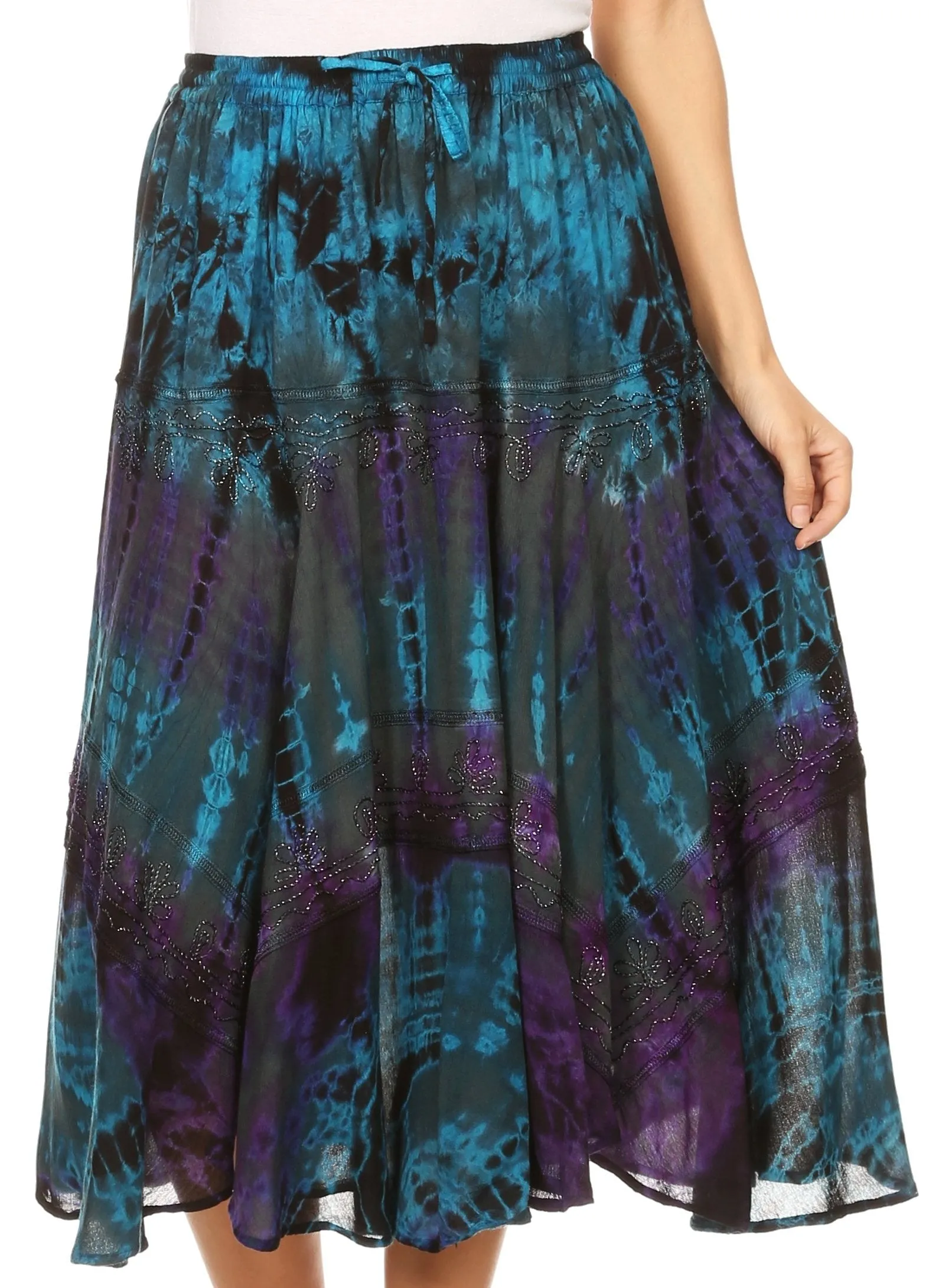 Sakkas Justina Womens Dance Midi Full Circle Tie-dye Skirt with Elastic Waist