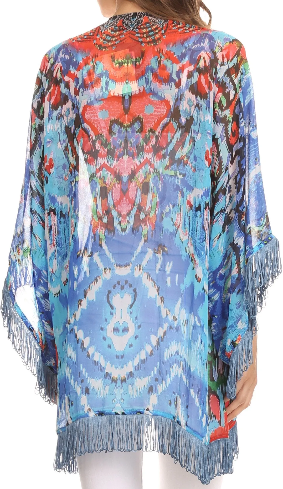 Sakkas Kimono Finley Sheer Kimono Top Cardigan Jacket With With Fringe And Design Print