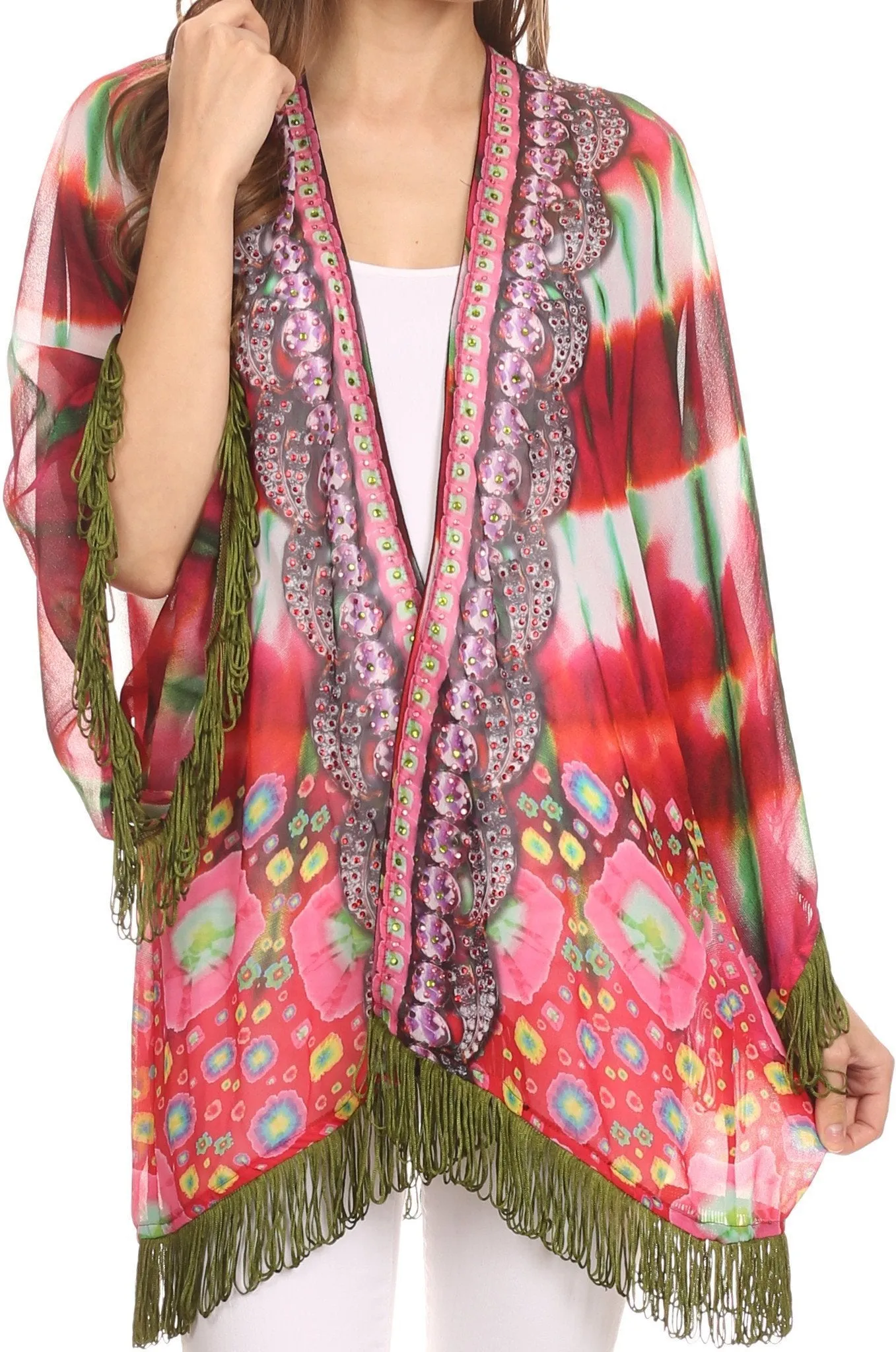 Sakkas Kimono Finley Sheer Kimono Top Cardigan Jacket With With Fringe And Design Print