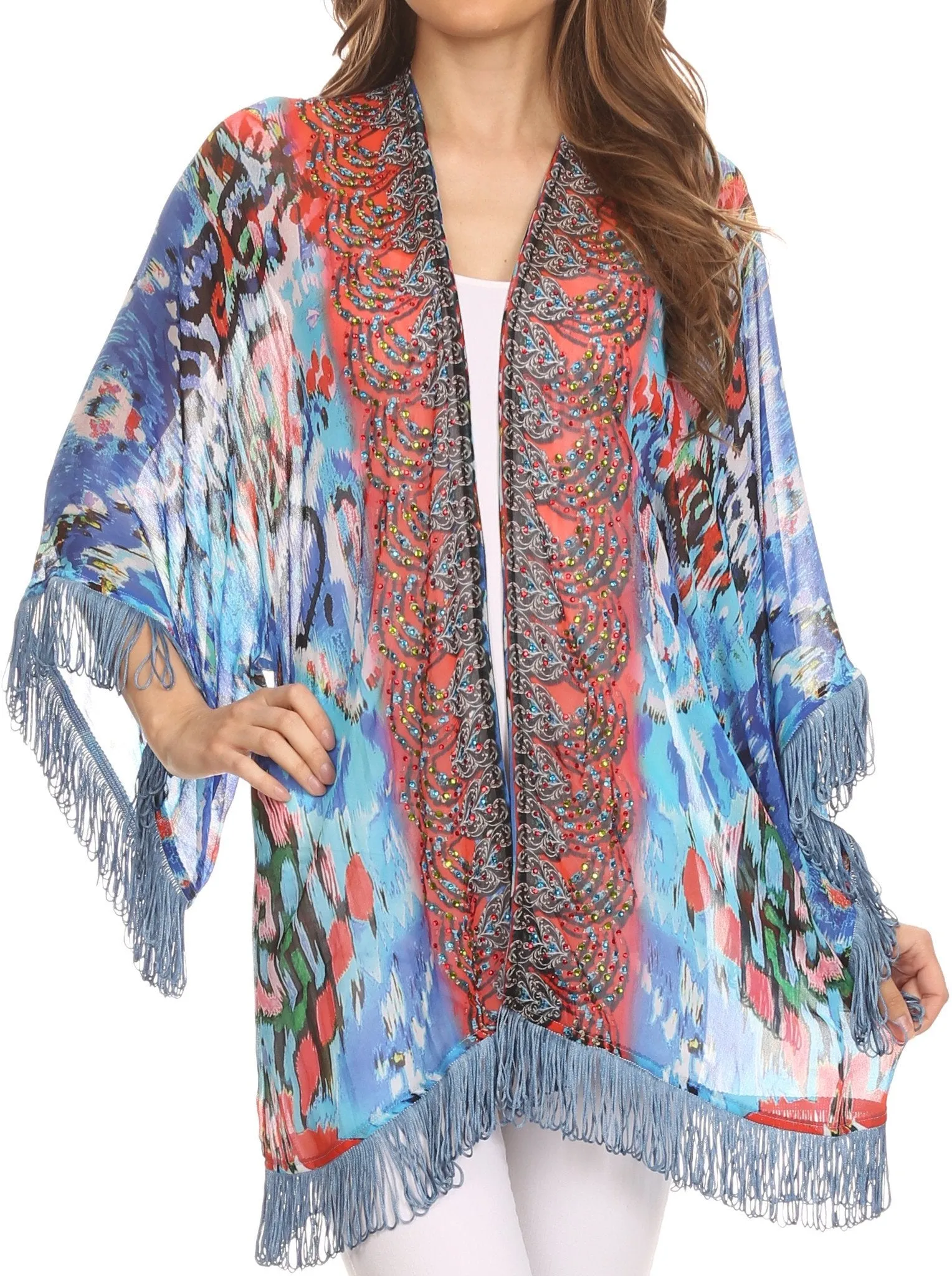 Sakkas Kimono Finley Sheer Kimono Top Cardigan Jacket With With Fringe And Design Print