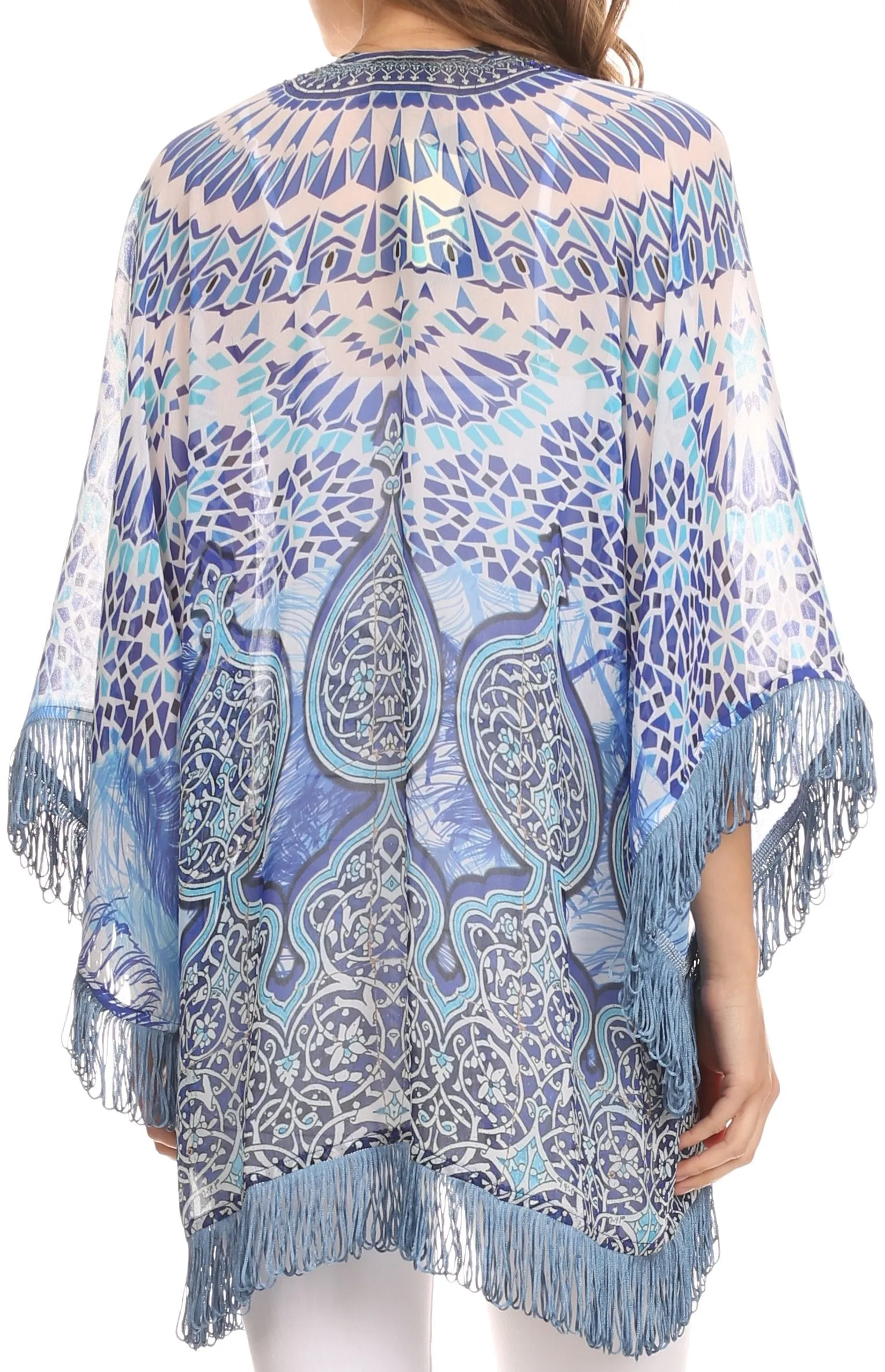 Sakkas Kimono Finley Sheer Kimono Top Cardigan Jacket With With Fringe And Design Print