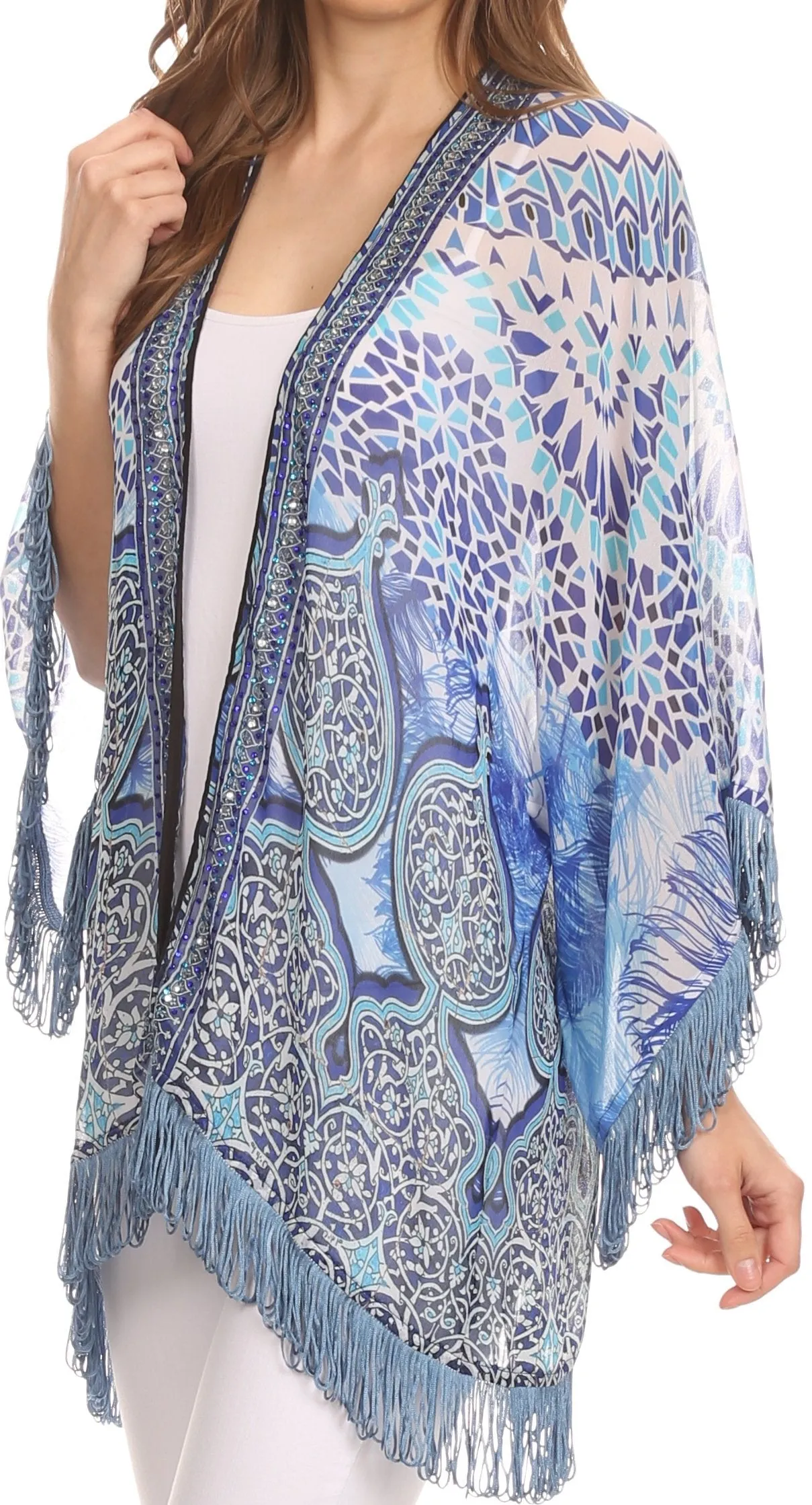 Sakkas Kimono Finley Sheer Kimono Top Cardigan Jacket With With Fringe And Design Print