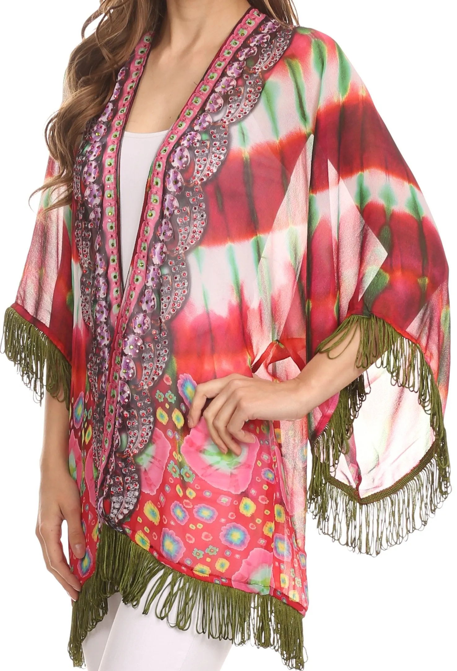 Sakkas Kimono Finley Sheer Kimono Top Cardigan Jacket With With Fringe And Design Print